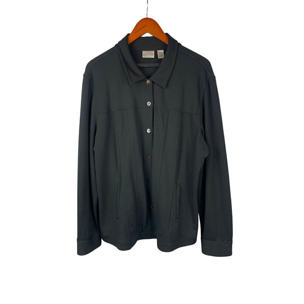 Chicos Womens Long Sleeve Button-Up Jacket Size 3 Black Rayon/Polyester Blend